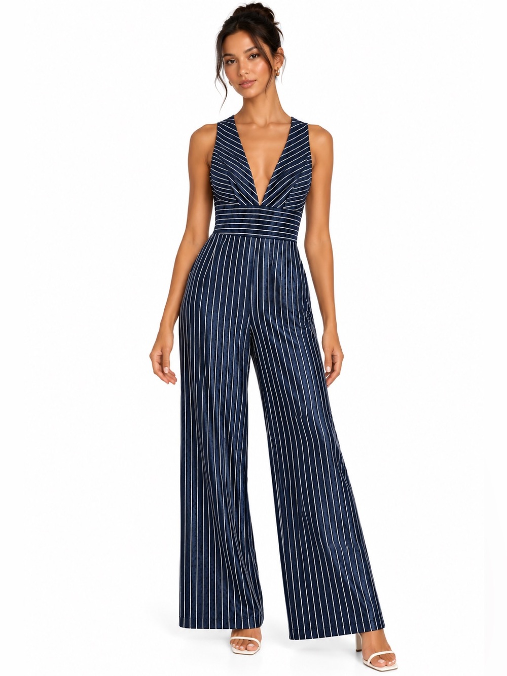 HARLYN Metallic Navy Silver Pinstripe Plunge Wide Leg Jumpsuit Disco Party